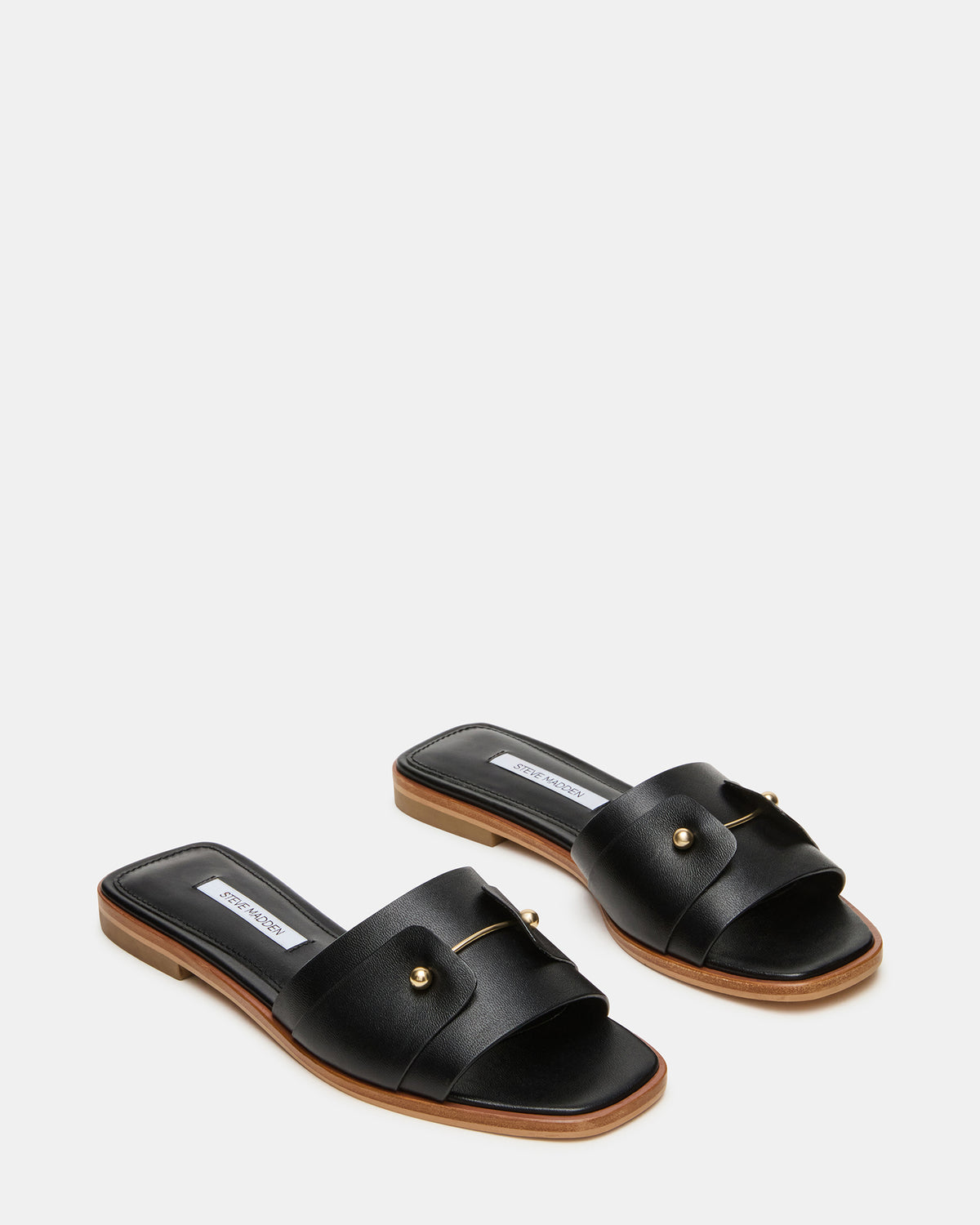 HASTEN Black Leather Gold Detail Slide Women's Sandal | Steve Madden Customer Favorite