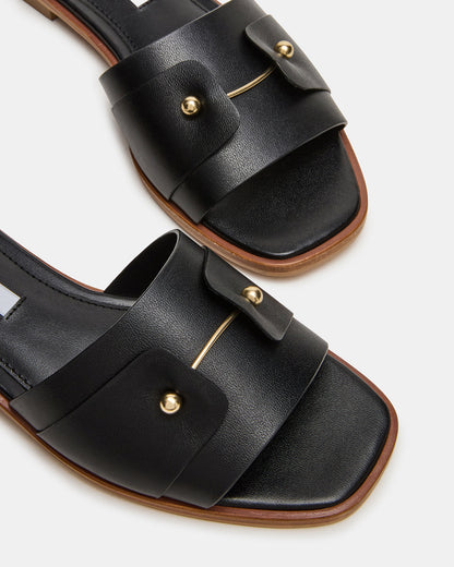 HASTEN Black Leather Gold Detail Slide Women's Sandal | Steve Madden Customer Favorite