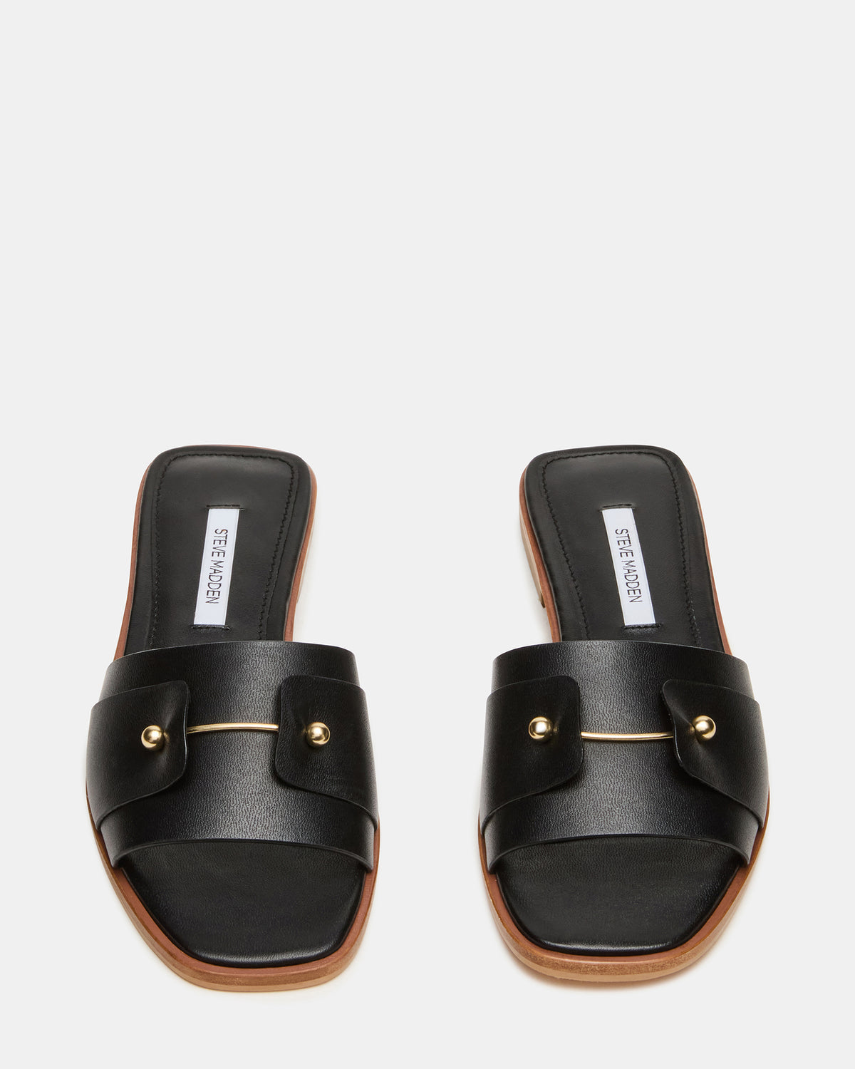 HASTEN Black Leather Gold Detail Slide Women's Sandal | Steve Madden Customer Favorite