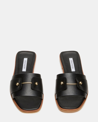HASTEN Black Leather Gold Detail Slide Women's Sandal | Steve Madden Customer Favorite