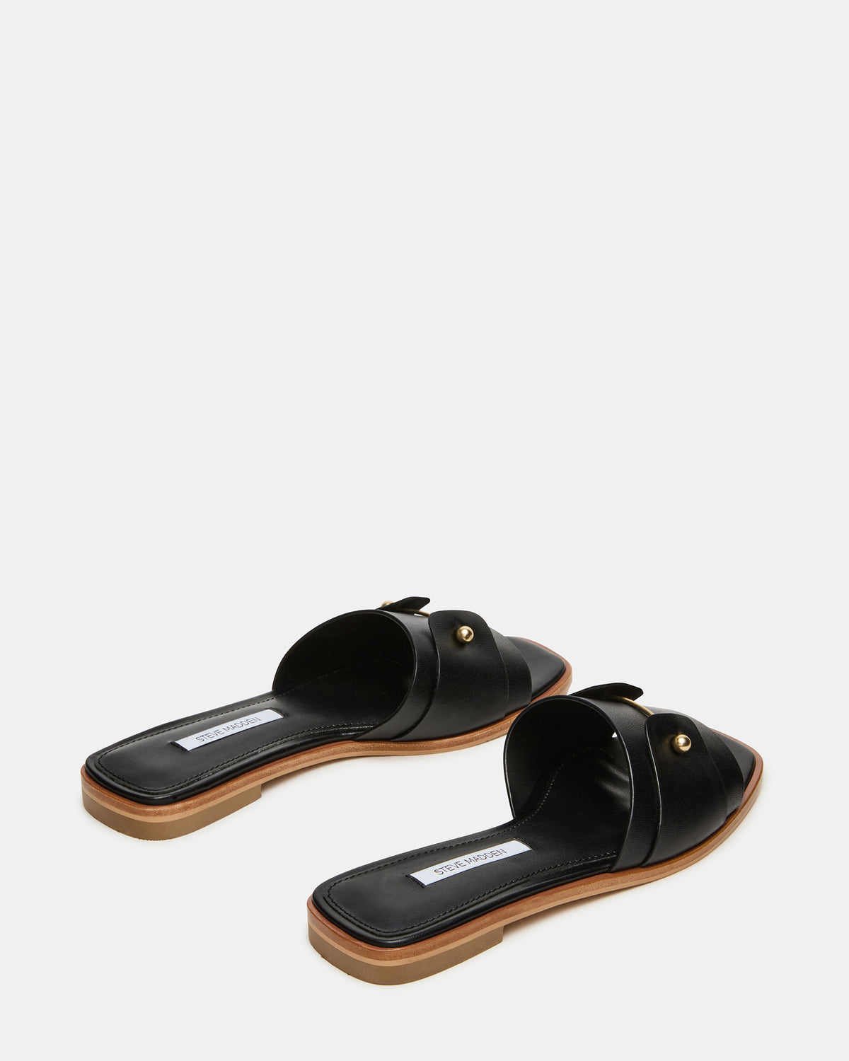 HASTEN Black Leather Gold Detail Slide Women's Sandal | Steve Madden Customer Favorite