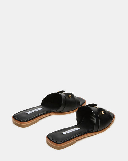 HASTEN Black Leather Gold Detail Slide Women's Sandal | Steve Madden Customer Favorite