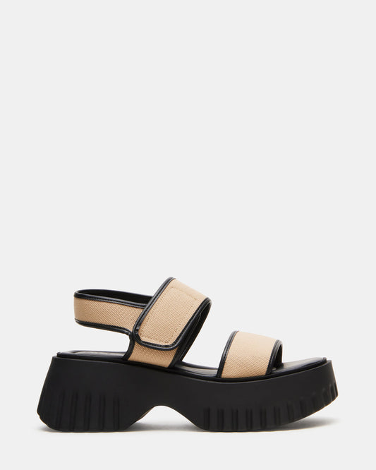 GROVER Black/Tan Women's Square-Toe Platform Sandal | Steve Madden Discount