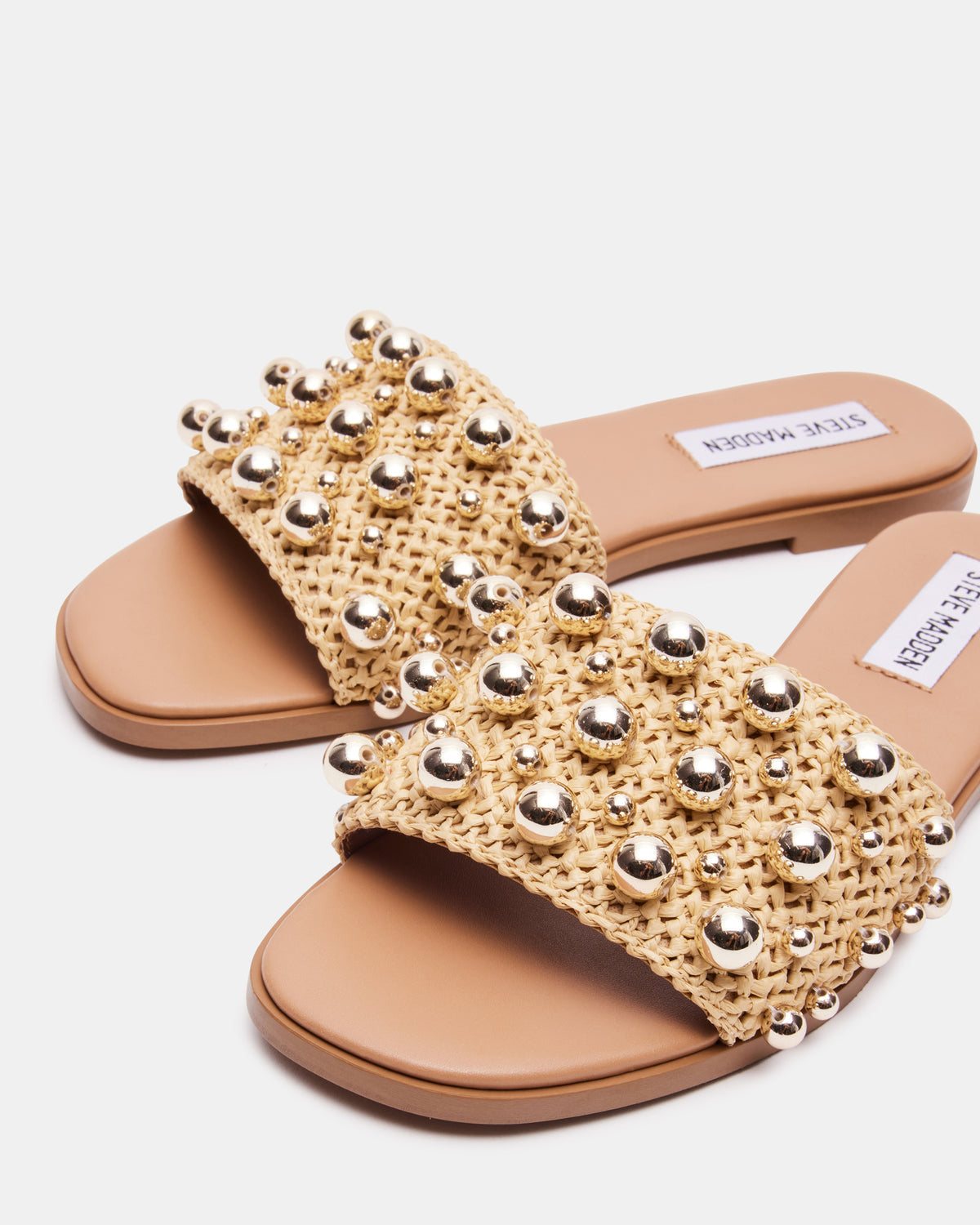 KEELY Natural Raffia Women's Studded Slides | Steve Madden Smart Buy