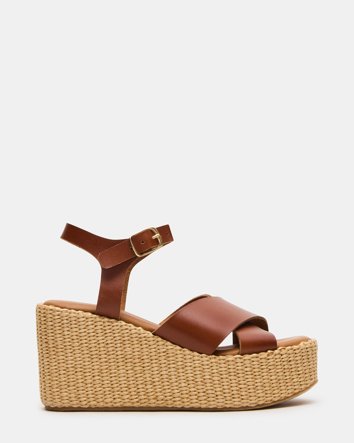 JETSET Cognac Leather Raffia Platform Wedge Women's Sandal | Steve Madden Customer Favorite