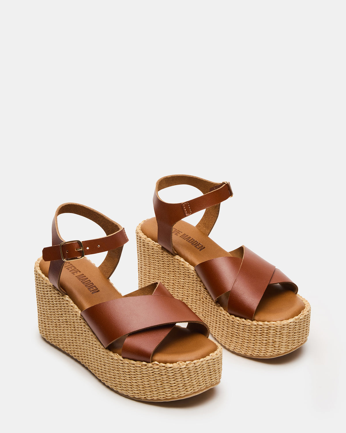 JETSET Cognac Leather Raffia Platform Wedge Women's Sandal | Steve Madden Customer Favorite
