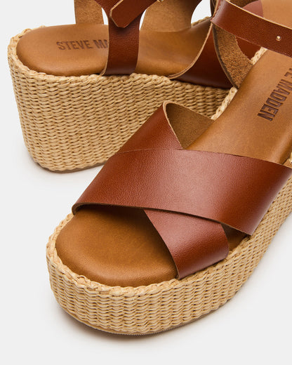 JETSET Cognac Leather Raffia Platform Wedge Women's Sandal | Steve Madden Customer Favorite