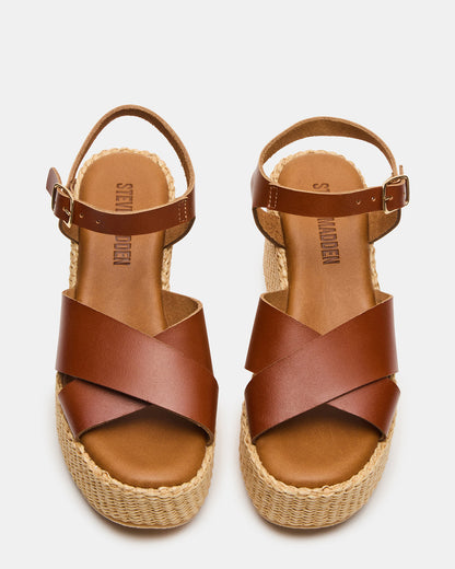 JETSET Cognac Leather Raffia Platform Wedge Women's Sandal | Steve Madden Customer Favorite