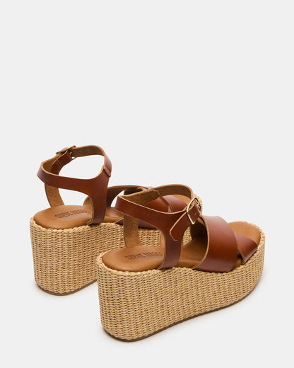 JETSET Cognac Leather Raffia Platform Wedge Women's Sandal | Steve Madden Customer Favorite