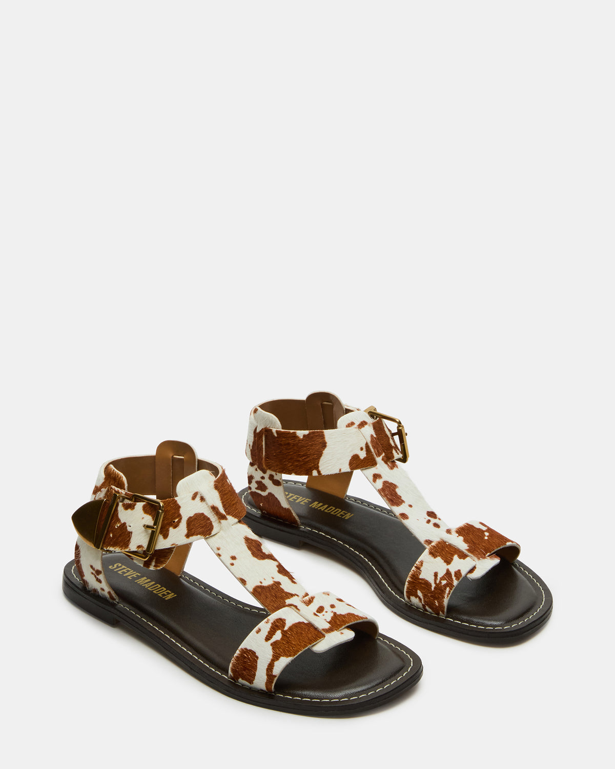 BRAZINN Brown Cow Print Strappy Flat Sandal Women's Sandal | Steve Madden Best Price