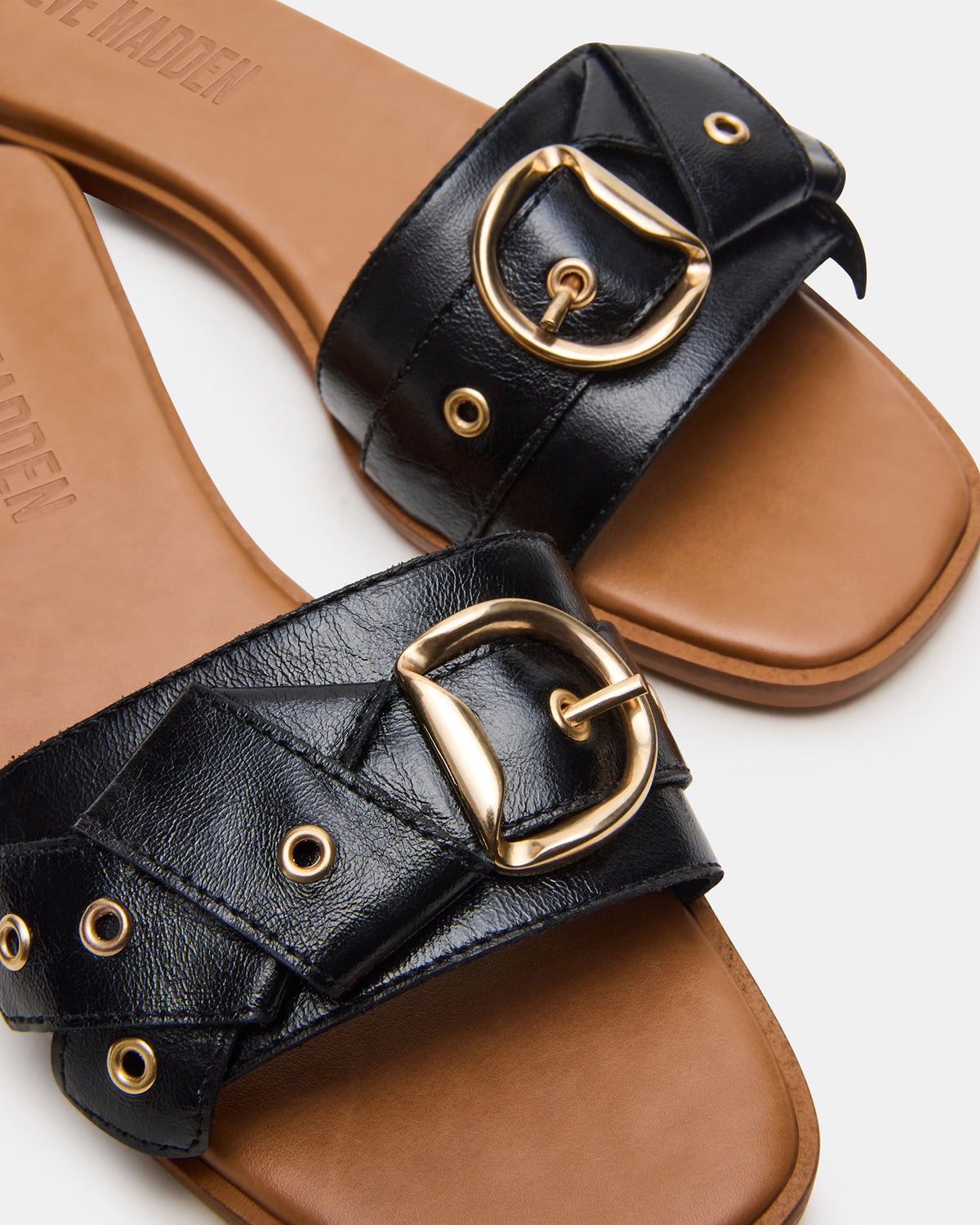 HILARIA Black Leather Square-Toe Slide Women's Sandal | Steve Madden Top Pick