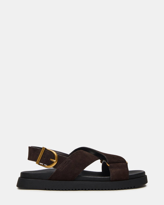 DONELLI Brown Suede Strappy Footbed Women's Sandal | Steve Madden Featured