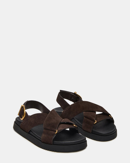 DONELLI Brown Suede Strappy Footbed Women's Sandal | Steve Madden Featured