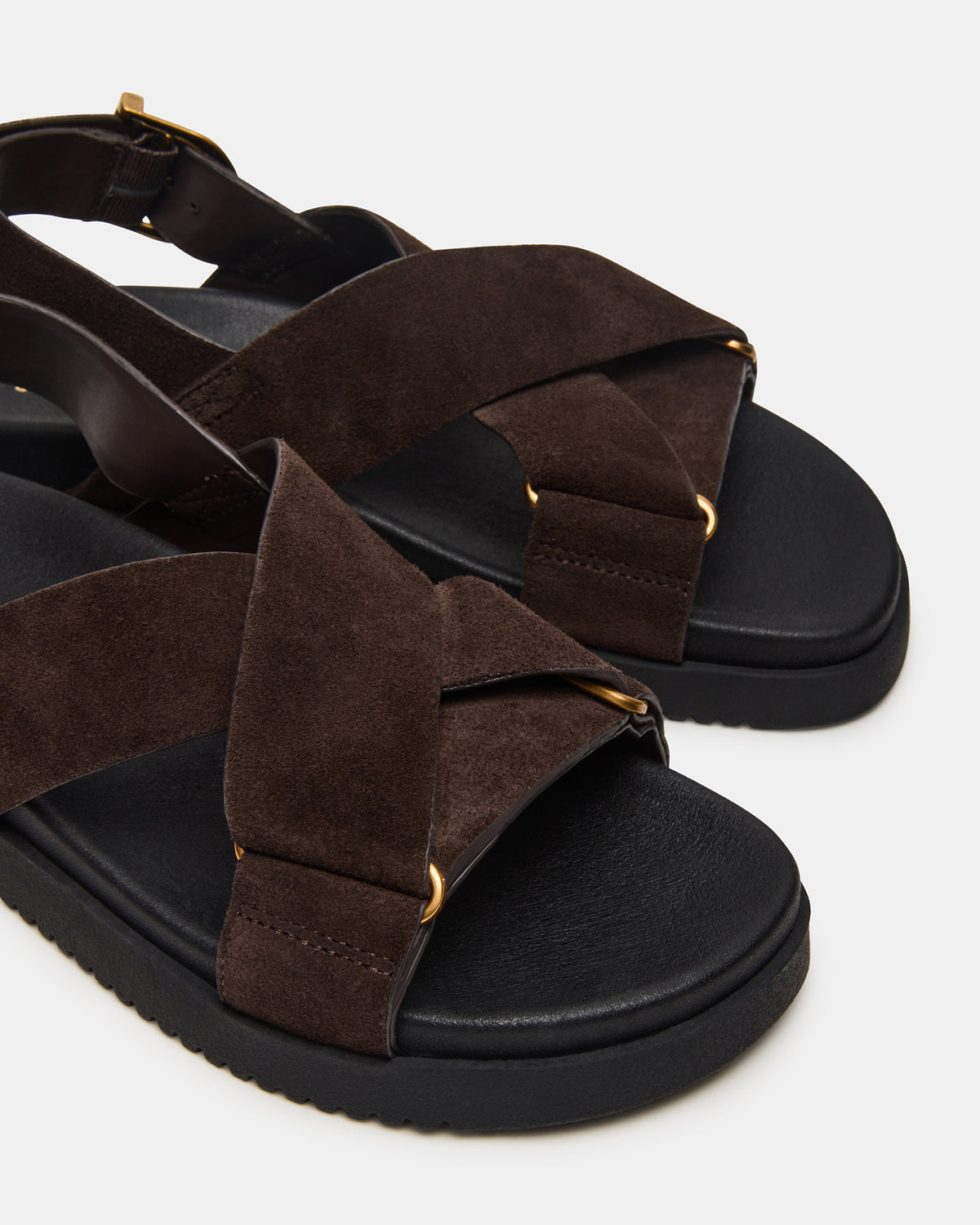 DONELLI Brown Suede Strappy Footbed Women's Sandal | Steve Madden Featured