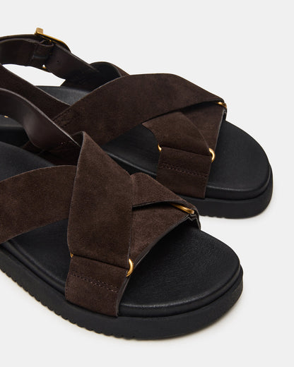 DONELLI Brown Suede Strappy Footbed Women's Sandal | Steve Madden Featured