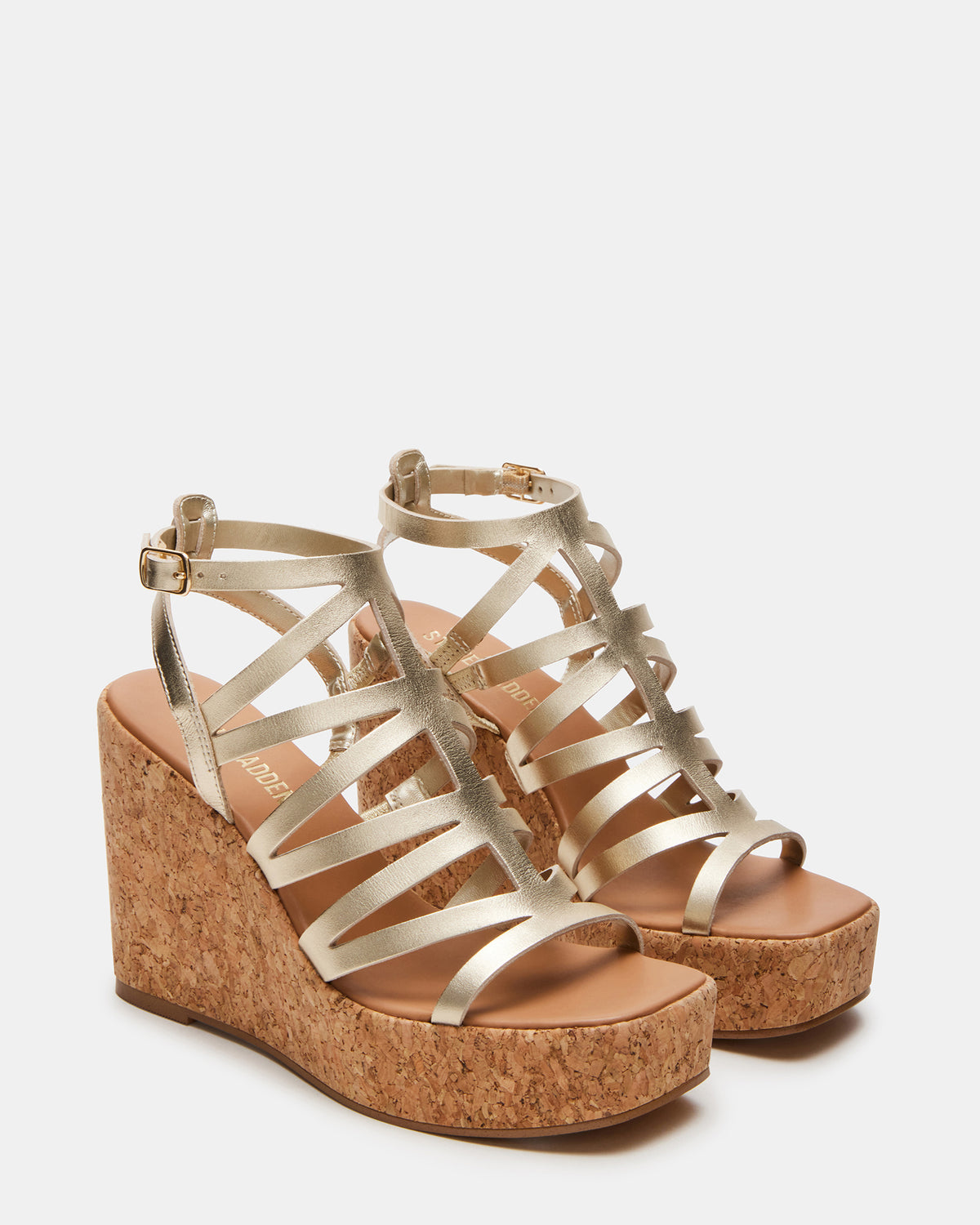 COZETTE Gold Leather Women's Platform Square-Toe Wedge Sandal | Steve Madden Featured