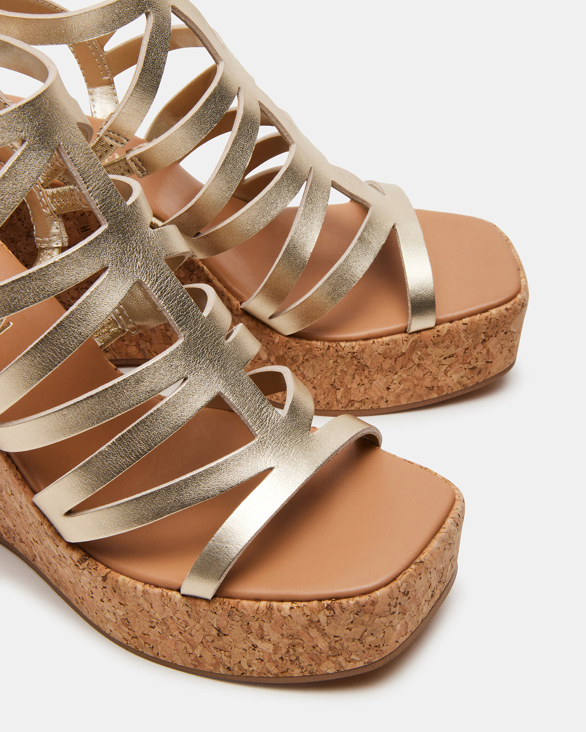 COZETTE Gold Leather Women's Platform Square-Toe Wedge Sandal | Steve Madden Featured