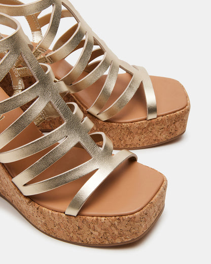 COZETTE Gold Leather Women's Platform Square-Toe Wedge Sandal | Steve Madden Featured