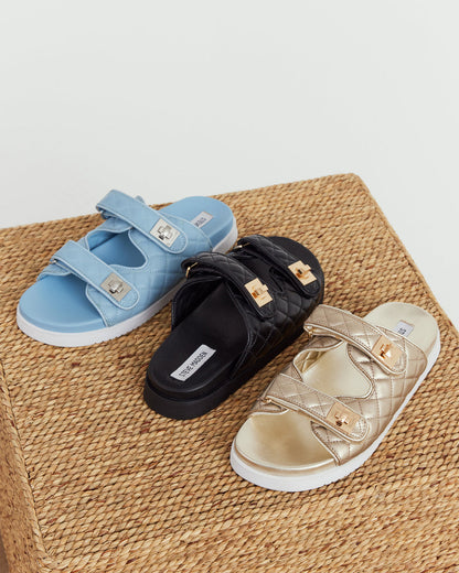 SCHMONA Blue Leather Quilted Slide | Women's Sandals | Steve Madden Special Offer