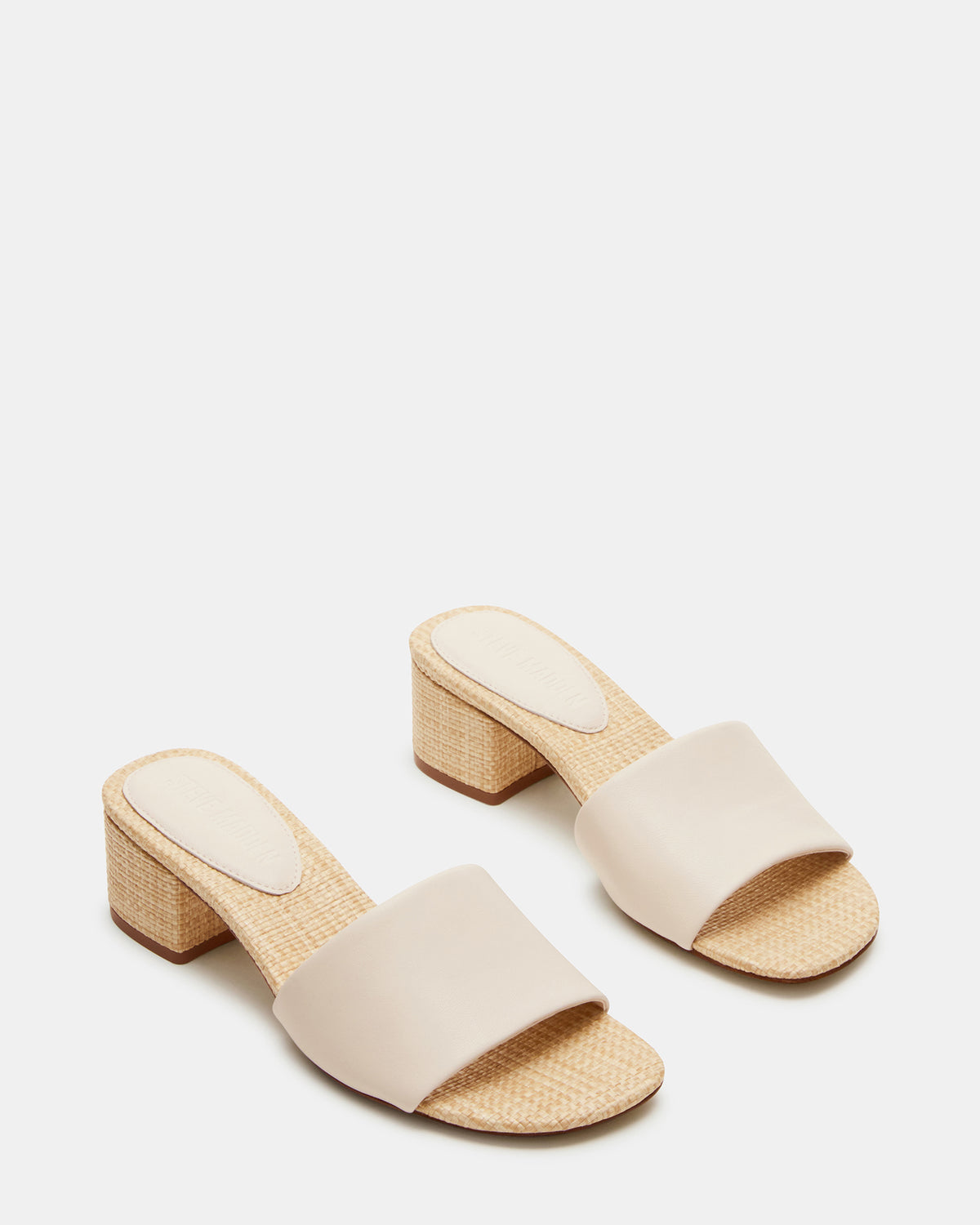HAILEE Bone Leather Women's Square-Toe Raffia Block Heel Mule Sandal | Steve Madden Essential