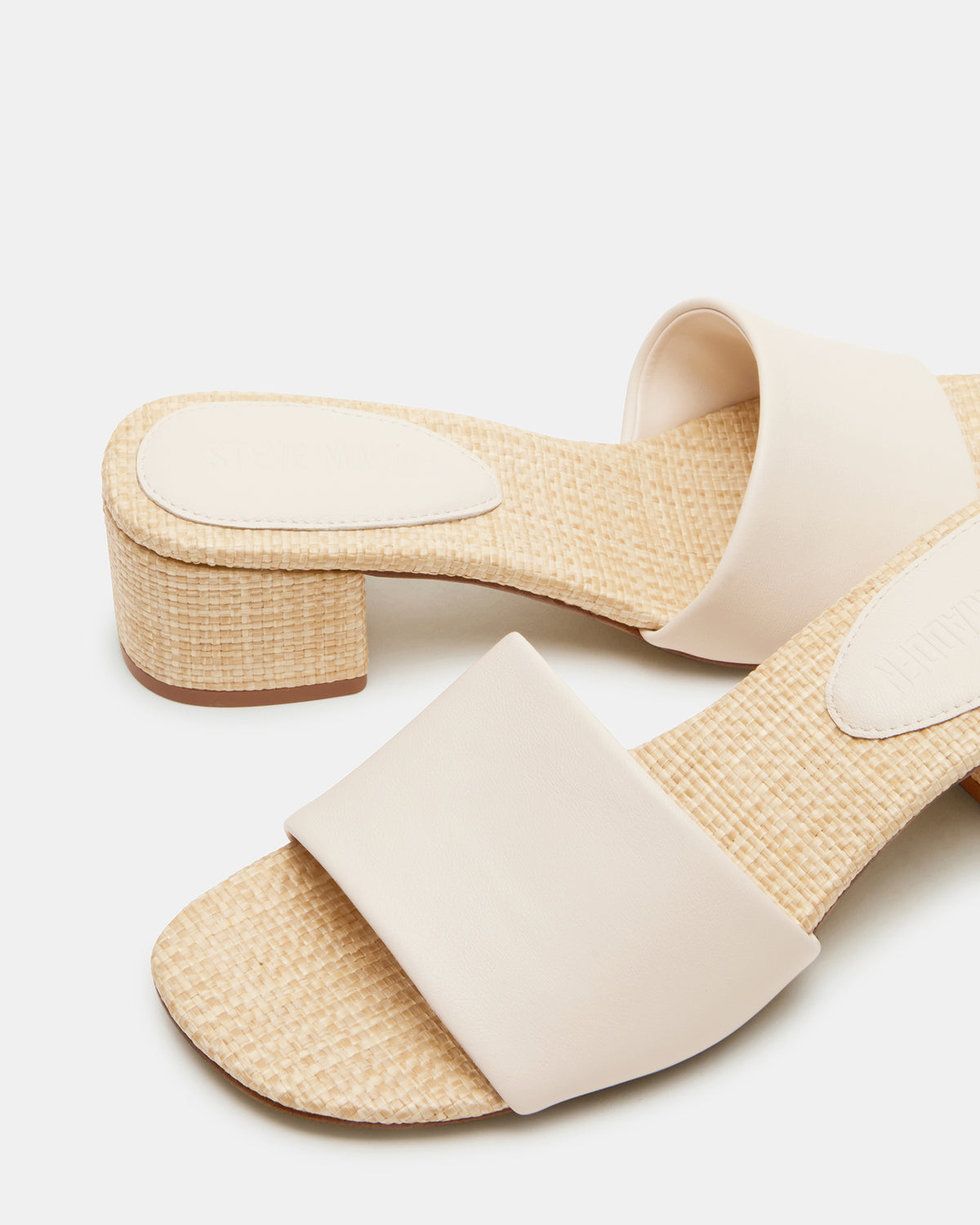 HAILEE Bone Leather Women's Square-Toe Raffia Block Heel Mule Sandal | Steve Madden Essential