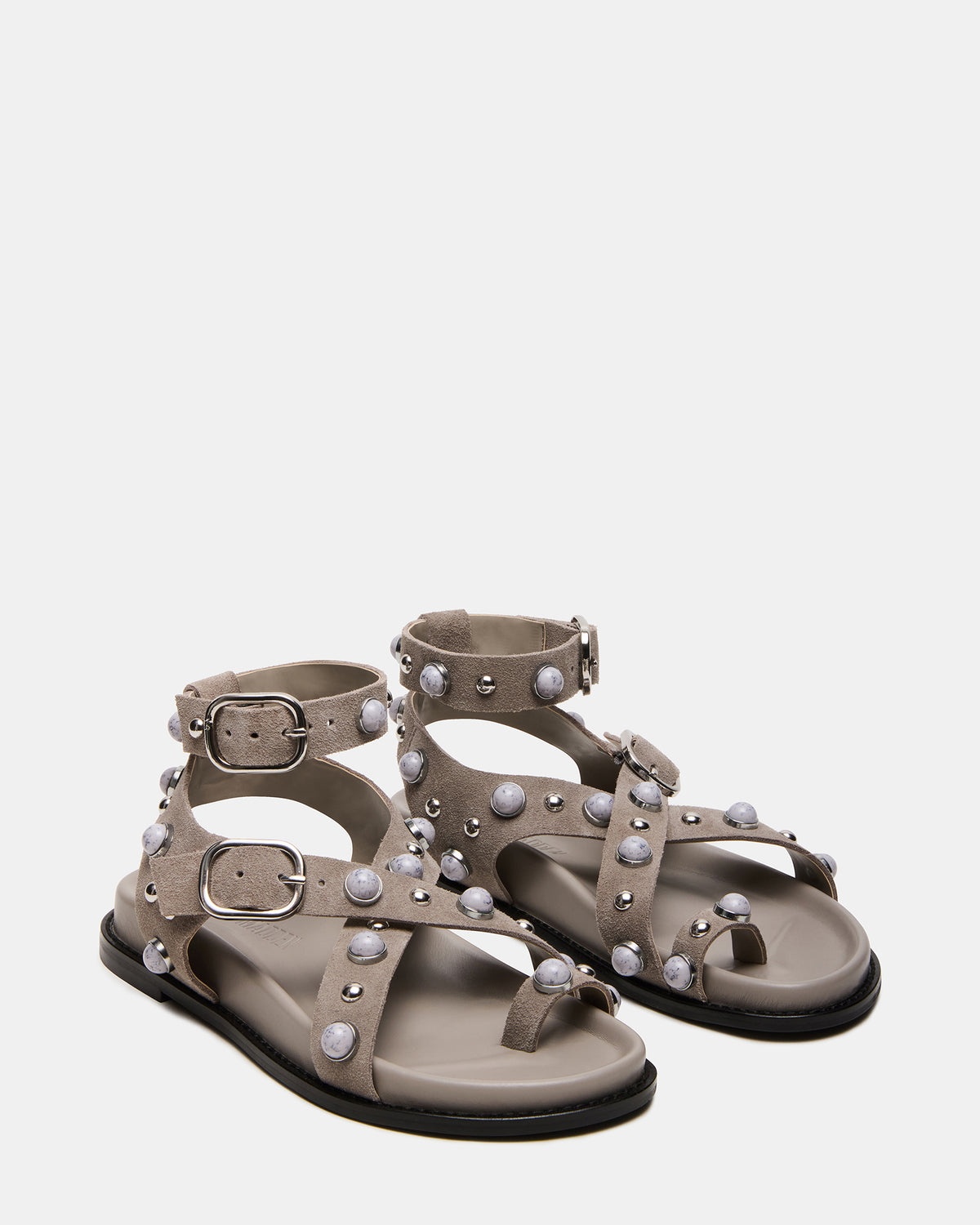 LINEAR Grey Suede Strappy Footbed Studded Women's Sandal | Steve Madden Value