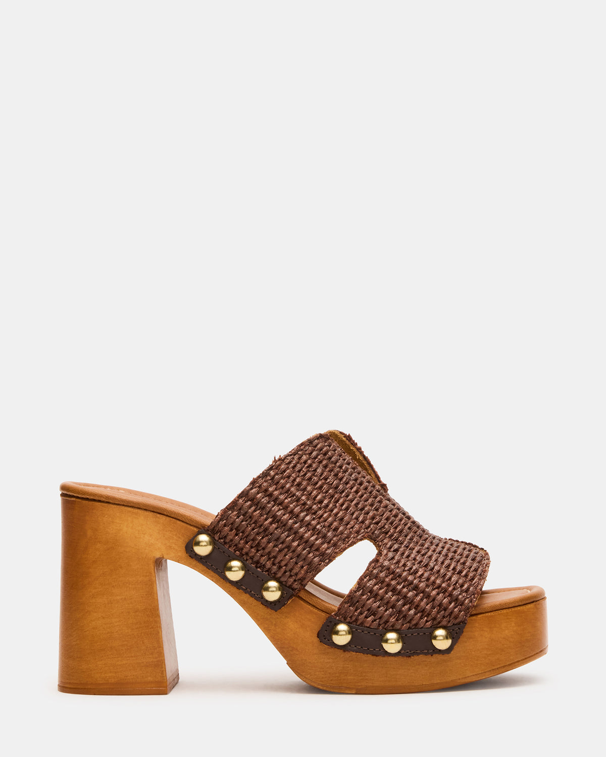 SUNKISSED Brown Raffia Platform Block Heel Studded Women's Sandal | Steve Madden Discount