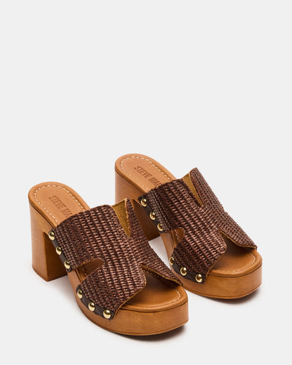 SUNKISSED Brown Raffia Platform Block Heel Studded Women's Sandal | Steve Madden Discount