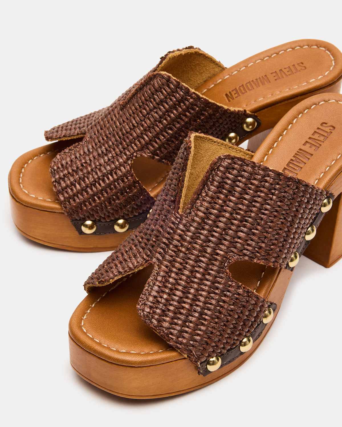 SUNKISSED Brown Raffia Platform Block Heel Studded Women's Sandal | Steve Madden Discount