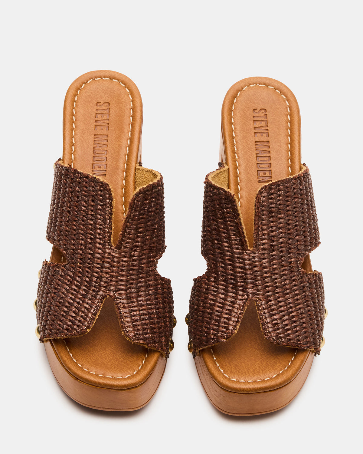 SUNKISSED Brown Raffia Platform Block Heel Studded Women's Sandal | Steve Madden Discount