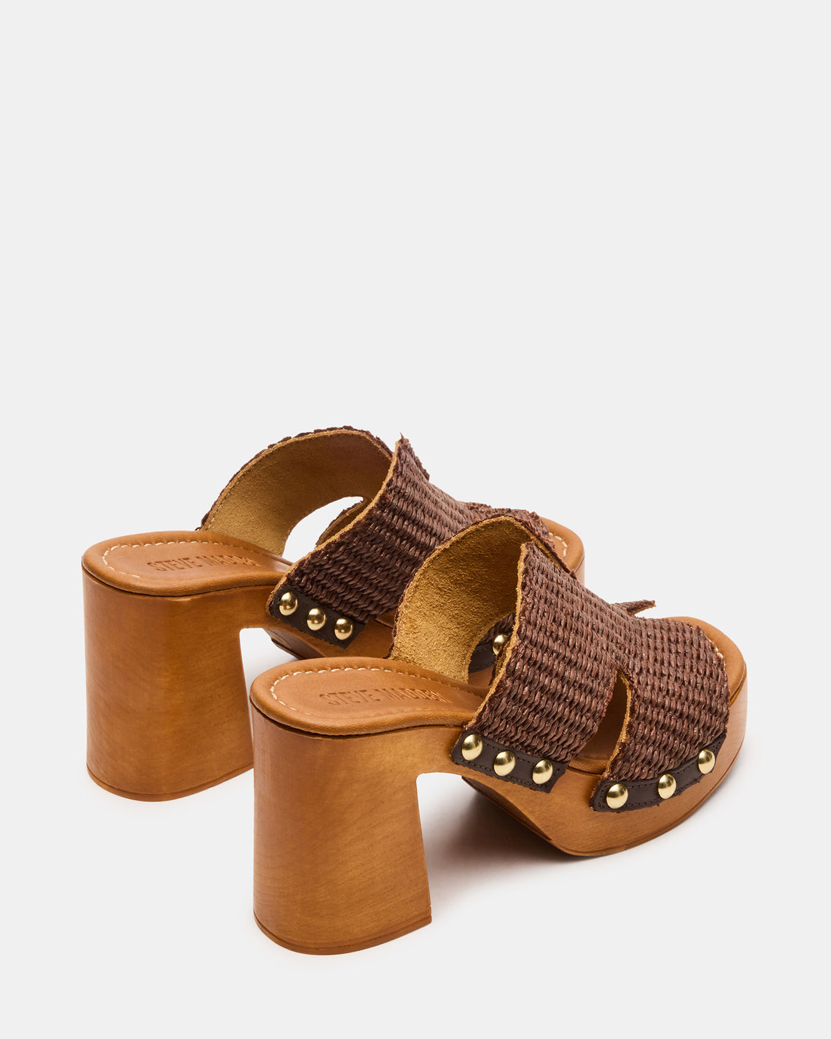 SUNKISSED Brown Raffia Platform Block Heel Studded Women's Sandal | Steve Madden Discount
