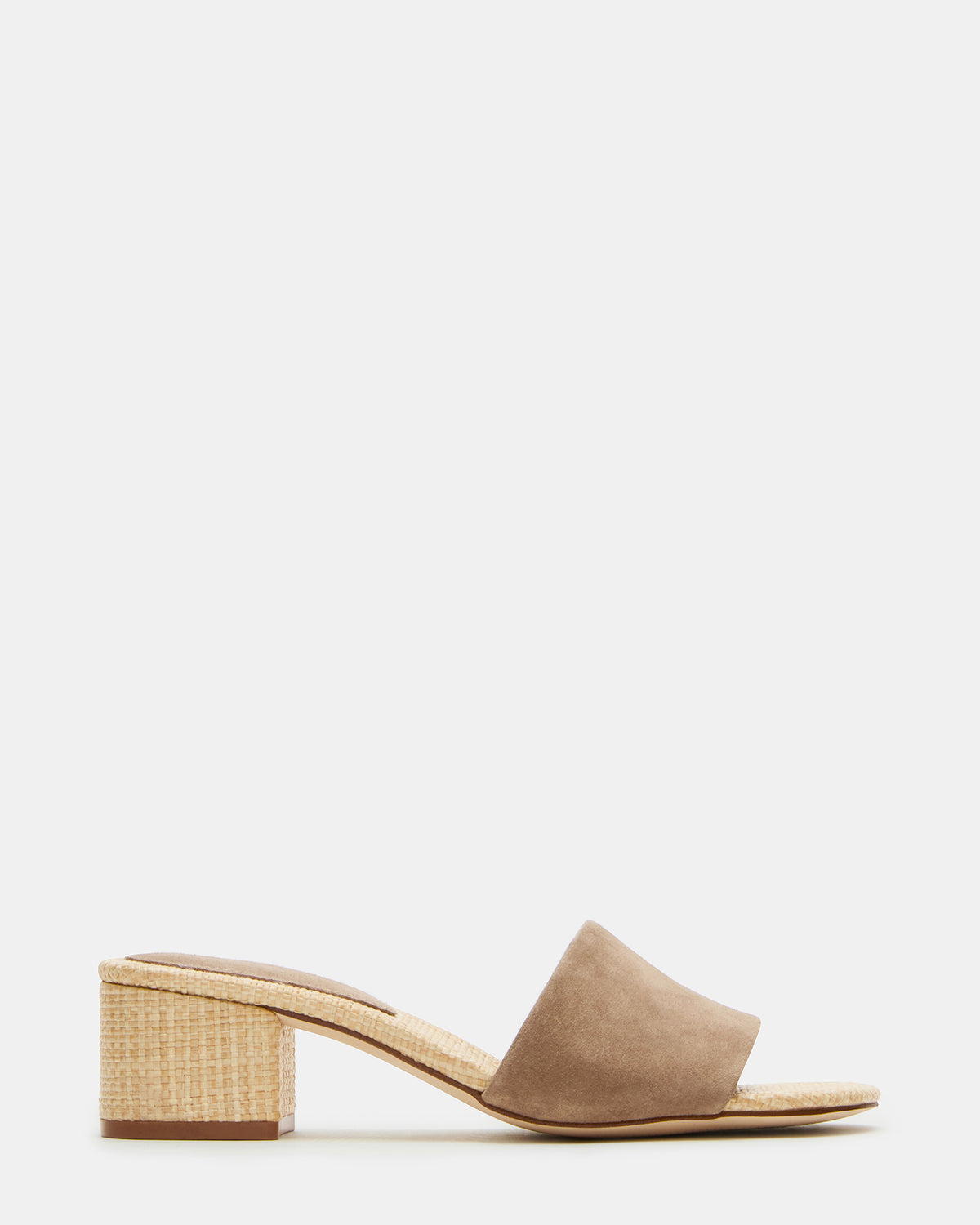 HAILEE Taupe Suede Women's Square-Toe Raffia Block Heel Mule Sandal | Steve Madden Quality