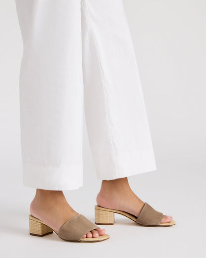 HAILEE Taupe Suede Women's Square-Toe Raffia Block Heel Mule Sandal | Steve Madden Quality