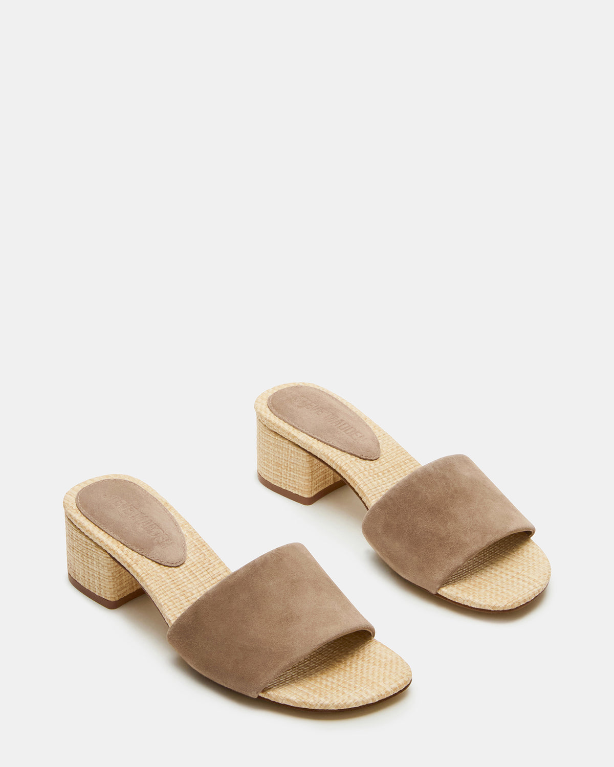HAILEE Taupe Suede Women's Square-Toe Raffia Block Heel Mule Sandal | Steve Madden Quality