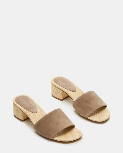 HAILEE Taupe Suede Women's Square-Toe Raffia Block Heel Mule Sandal | Steve Madden Quality