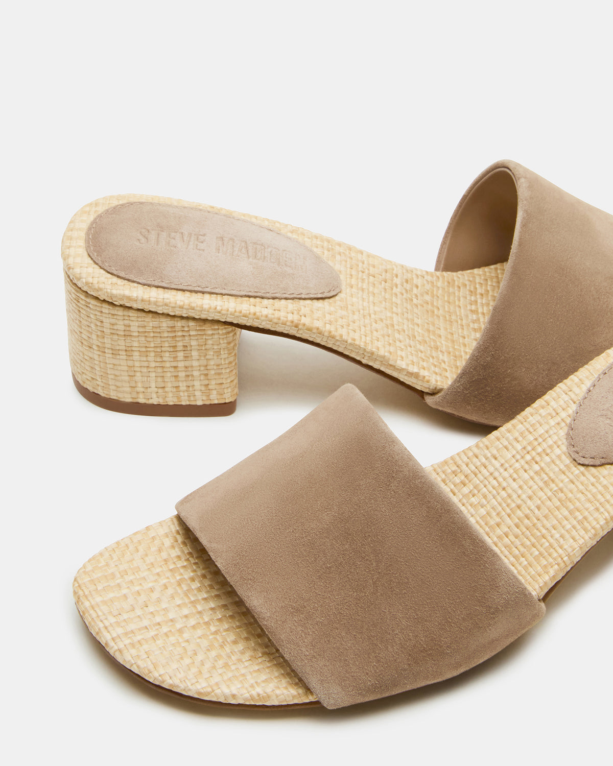 HAILEE Taupe Suede Women's Square-Toe Raffia Block Heel Mule Sandal | Steve Madden Quality