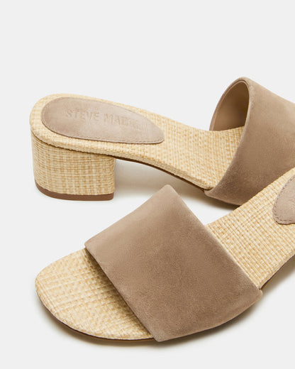 HAILEE Taupe Suede Women's Square-Toe Raffia Block Heel Mule Sandal | Steve Madden Quality