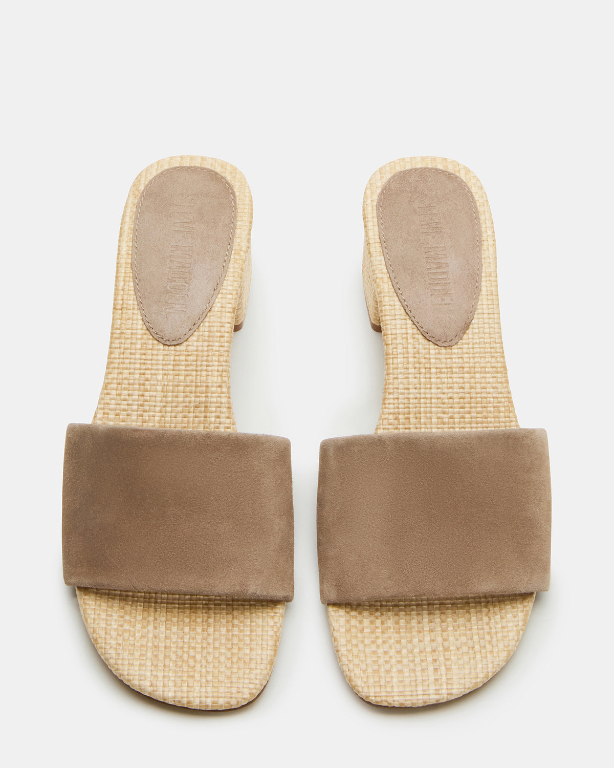 HAILEE Taupe Suede Women's Square-Toe Raffia Block Heel Mule Sandal | Steve Madden Quality