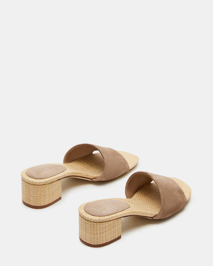 HAILEE Taupe Suede Women's Square-Toe Raffia Block Heel Mule Sandal | Steve Madden Quality