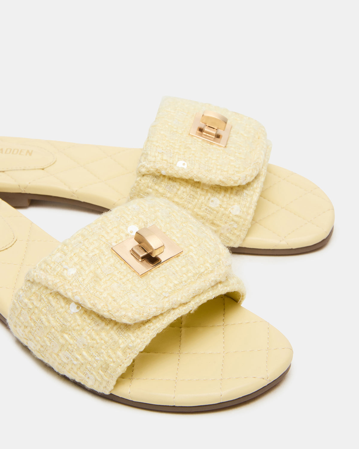MORELAND Sequin Yellow Quilted Slide Women's Sandal | Steve Madden Trending