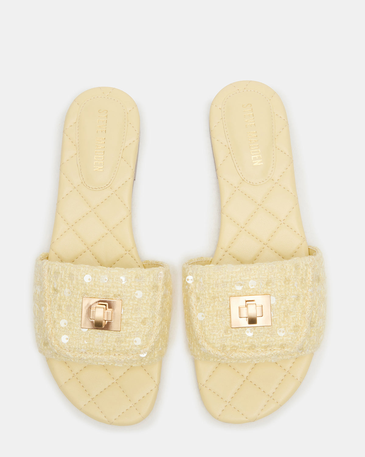 MORELAND Sequin Yellow Quilted Slide Women's Sandal | Steve Madden Trending