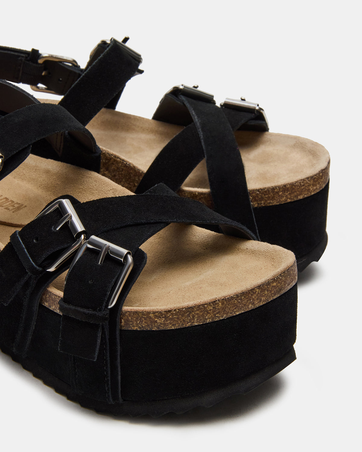 KIWI Black Suede Women's Strappy Platform Sandal | Steve Madden Trusted