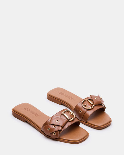HILARIA Tan Leather Square-Toe Slide Women's Sandal | Steve Madden Essential