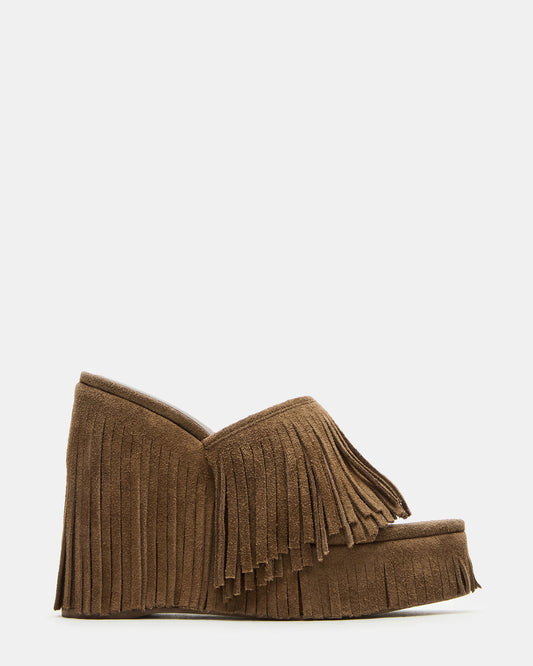 WYNN Chestnut Suede Platform Fringe Wedge Mule Women's Sandal | Steve Madden Smart Buy