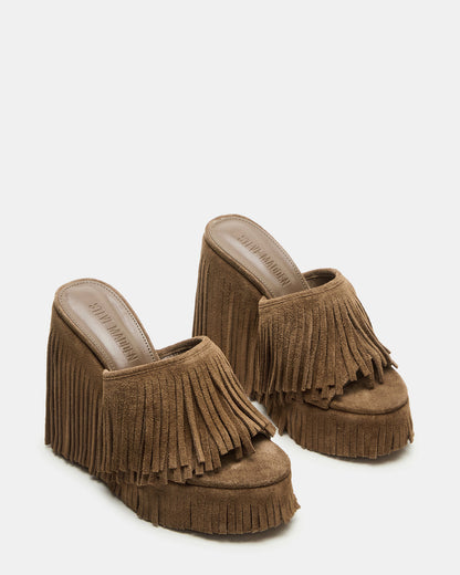 WYNN Chestnut Suede Platform Fringe Wedge Mule Women's Sandal | Steve Madden Smart Buy