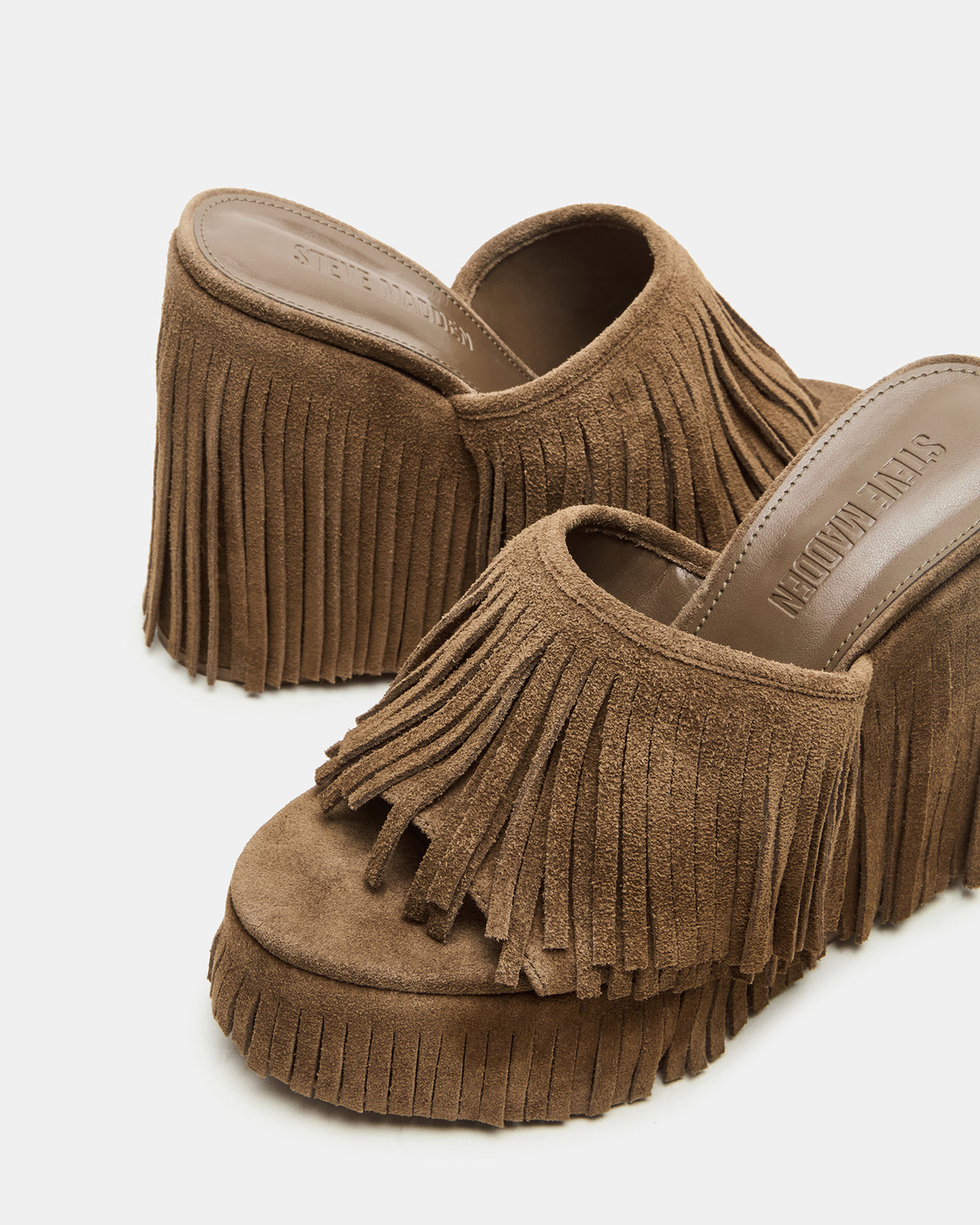 WYNN Chestnut Suede Platform Fringe Wedge Mule Women's Sandal | Steve Madden Smart Buy