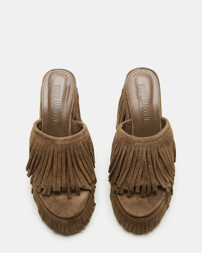 WYNN Chestnut Suede Platform Fringe Wedge Mule Women's Sandal | Steve Madden Smart Buy