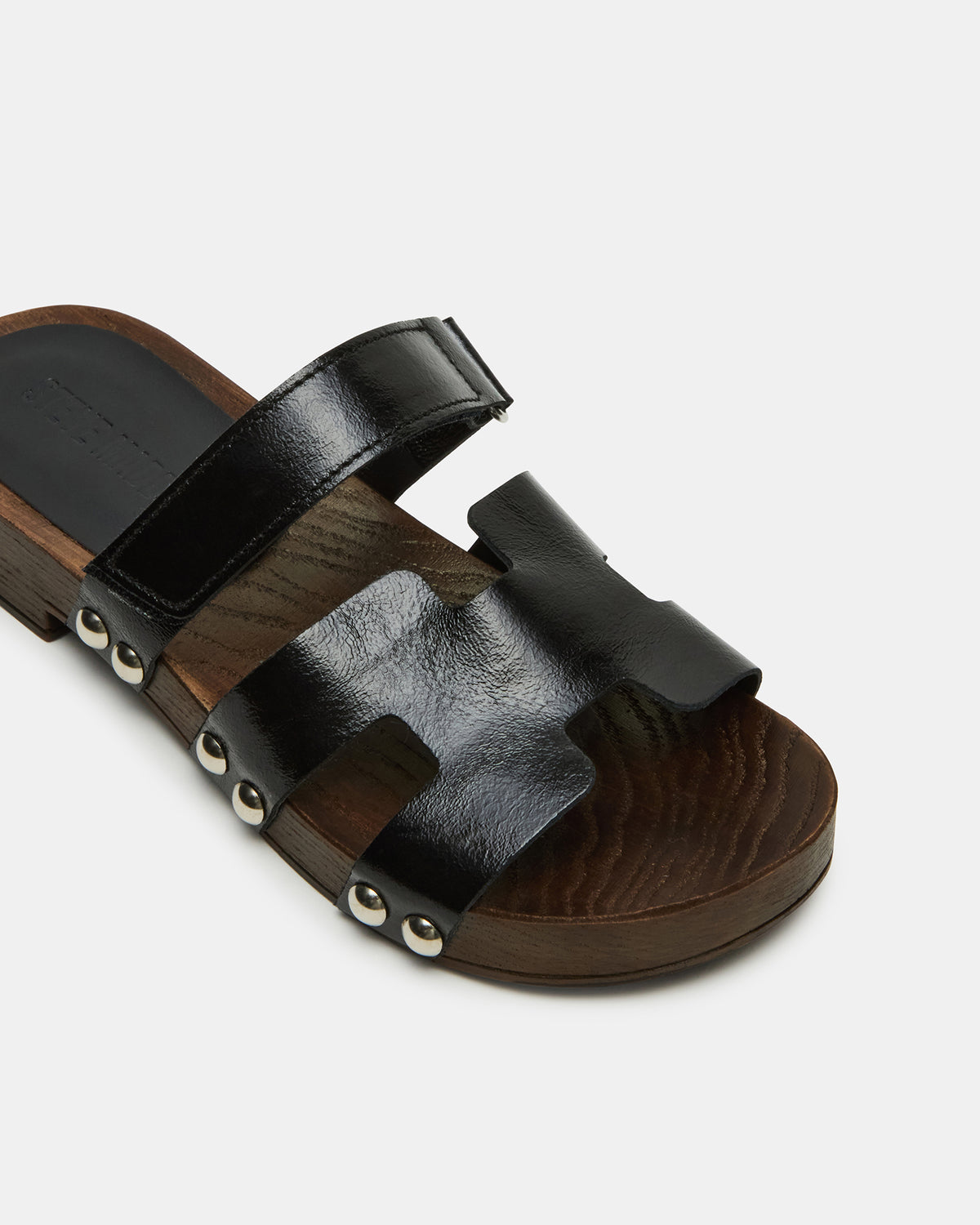 CANAL Black Patent Wood Bottom Slide Women's Sandal | Steve Madden Exclusive
