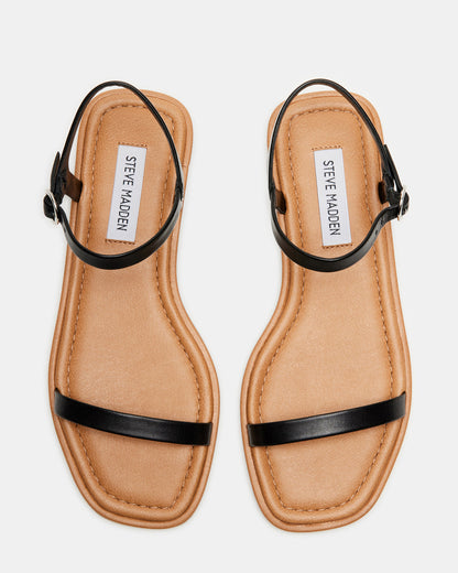 CAMARI Black Leather Square Toe Strappy Sandal | Women's Sandals | Steve Madden Deals
