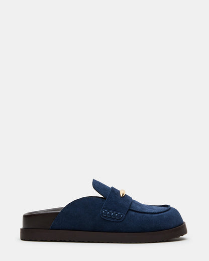 TOBIN Navy Suede Slip-On Mule Women's Flat | Steve Madden Trending